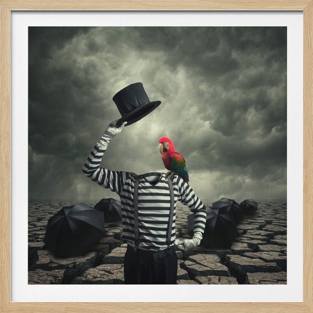A surrealist artwork featuring a headless person dressed as a mime in a striped shirt, suspenders, and white gloves, tipping a black top hat. A vibrant red and green parrot is perched on their shoulder. They stand in a barren, cracked desert landscape under a dark, stormy sky, with several closed black umbrellas scattered on the ground. Wall Art
