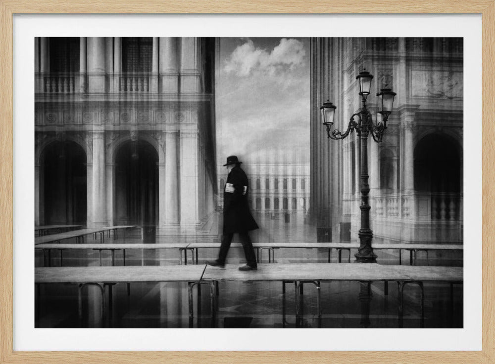 A surreal black and white photo of a man in a dark coat and fedora walking on a raised walkway in a flooded city square. The background is a ghostly double exposure of classical architecture, creating a mysterious, dreamlike mood. Print