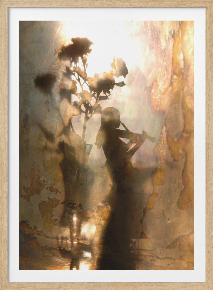 An abstract, dreamlike artwork featuring the dark silhouettes of a person playing the violin and a vase of roses against a bright, textured, and reflective background with warm tones of brown, gold, and bronze. The piece has a weathered, vintage appearance and is set in a thin black frame. Print