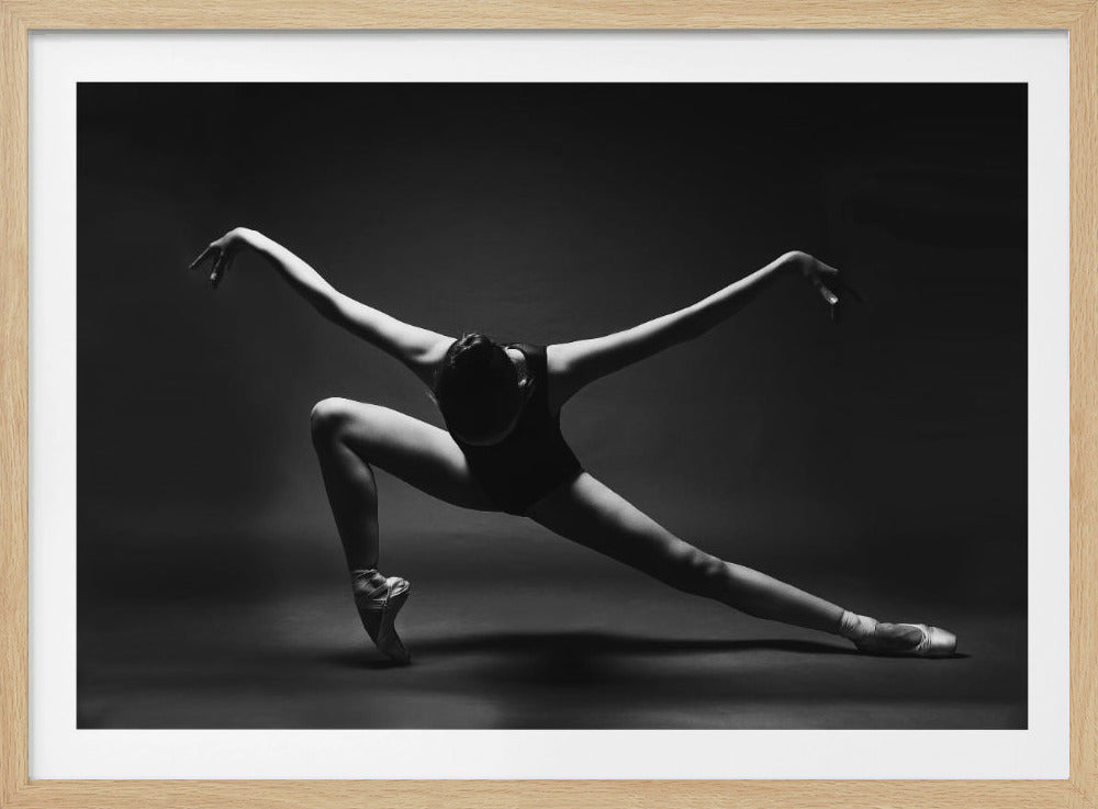 A dramatic black and white studio photograph of a ballerina in a dynamic pose. She is in a low lunge, with one foot on pointe, her arms outstretched gracefully, and her head bowed. The image is presented within a silver frame. Poster