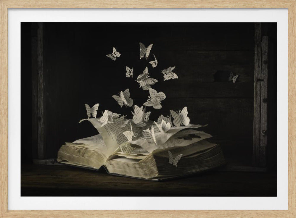 A conceptual artwork depicting an open vintage book on a dark wooden table. Dozens of butterflies, crafted from the book's own printed pages, are emerging and flying upwards as if the story is coming to life against a dark, rustic background. Artwork