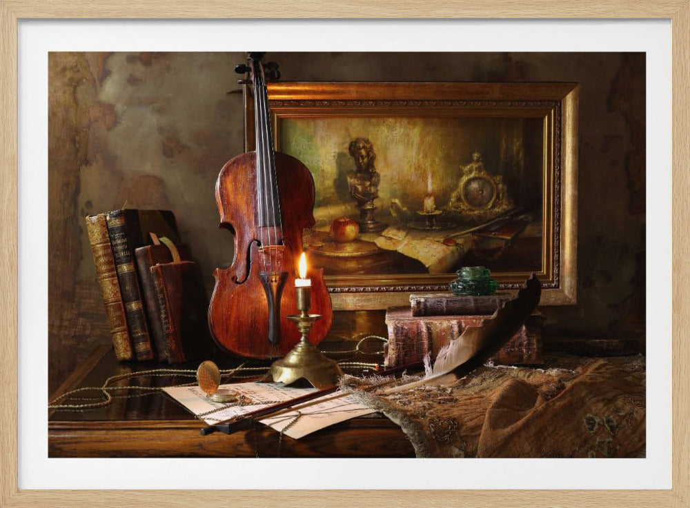 A classic still life painting featuring a violin illuminated by a single lit candle, surrounded by old books, sheet music, a quill pen, and a pocket watch on a wooden desk. A framed painting hangs on the wall in the background, all enclosed within a modern silver picture frame. Poster