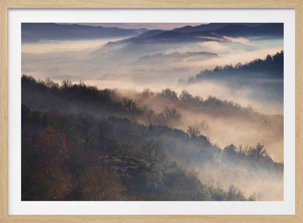 A scenic photograph of rolling hills and mountains layered into the distance, with valleys filled with a thick, glowing fog at what appears to be sunrise or sunset. The foreground features darker, silhouetted trees on a hillside. Poster
