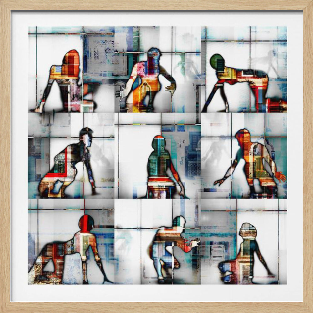 A modern abstract artwork in a light wood frame, featuring a 3x3 grid of nine squares. Each square displays a silhouette of a person in a dynamic pose, filled with a colorful and complex urban cityscape pattern against a light, textured background. Wall Art