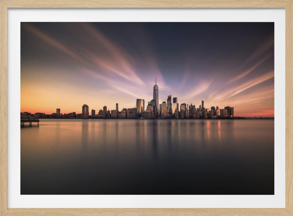 An art print depicting a futuristic or fantasy floating city, suspended above water or clouds, with intricate architectural details. Artwork