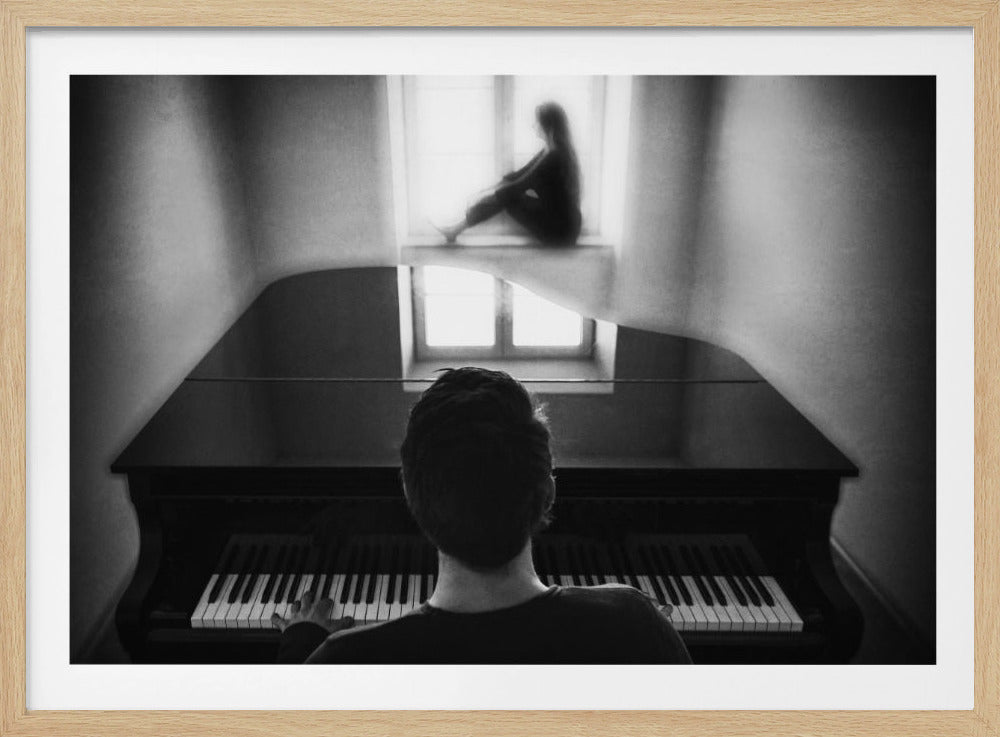 A moody, black and white artistic photograph taken from behind a person playing a grand piano. The open lid of the piano reflects a window where a blurry silhouette of a second person sits pensively on the windowsill. Decor