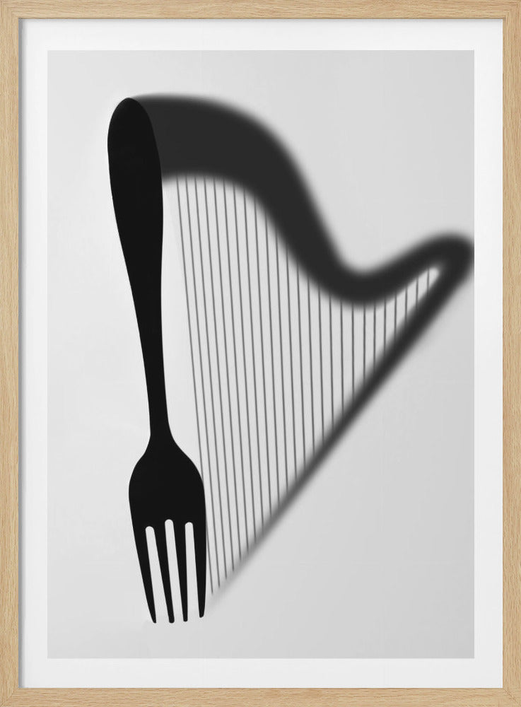 A minimalist black and white artwork where a black fork stands upright, casting a shadow that unexpectedly forms the shape of a harp against a stark white background. Print