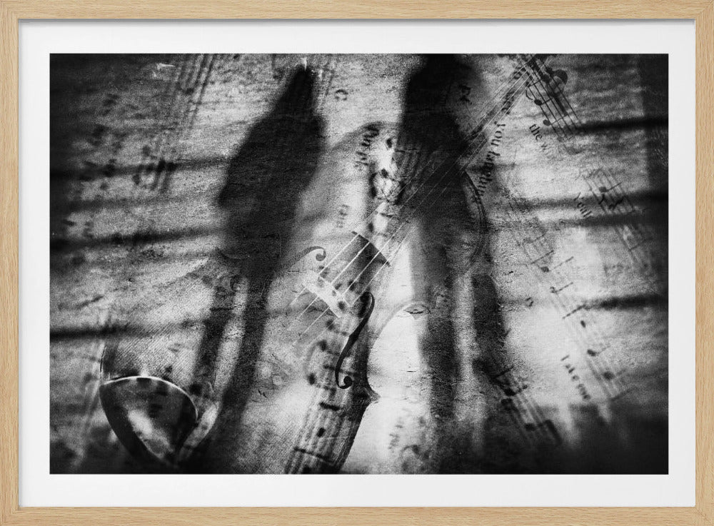 A grainy, black and white abstract artwork with a silver frame, featuring a double exposure effect. The composition layers the dark silhouettes of two walking figures over a translucent image of a violin and sheet music, creating a mysterious and moody atmosphere. Poster