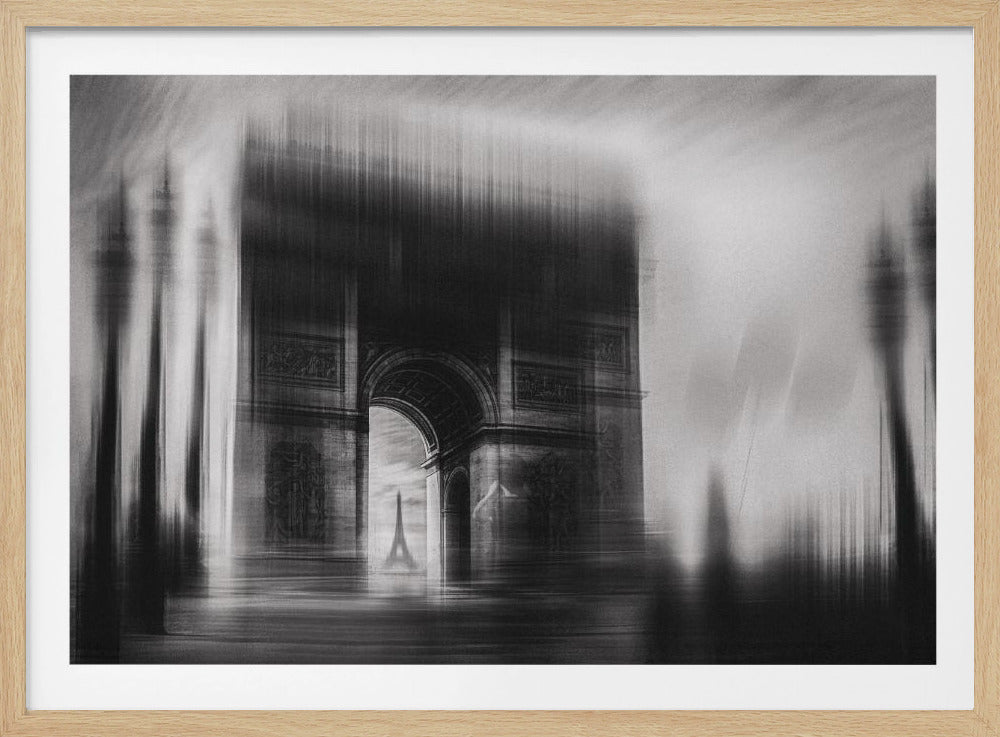 A framed, abstract black and white photograph of the Arc de Triomphe in Paris, with the Eiffel Tower visible through its arch. The image is distorted with vertical motion blur, creating a moody and dreamlike atmosphere. Decor