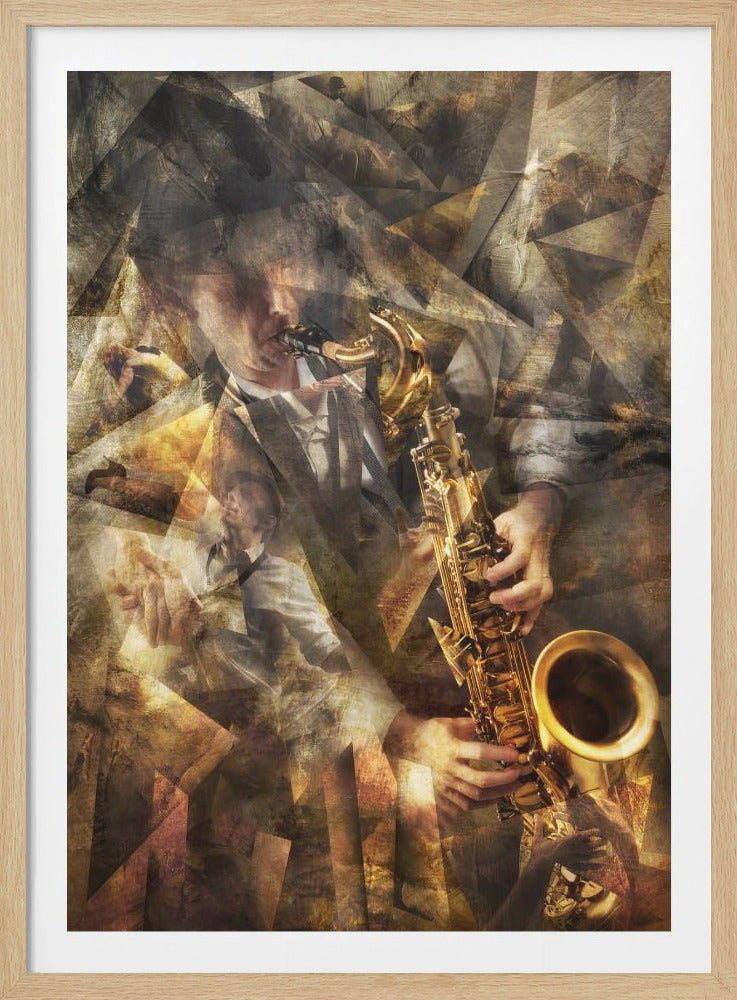 An abstract digital artwork depicting a man passionately playing a golden saxophone. The image is a composite of multiple layered exposures and geometric shapes, creating a fractured, dynamic effect in warm, earthy tones of brown, gold, and black. Poster