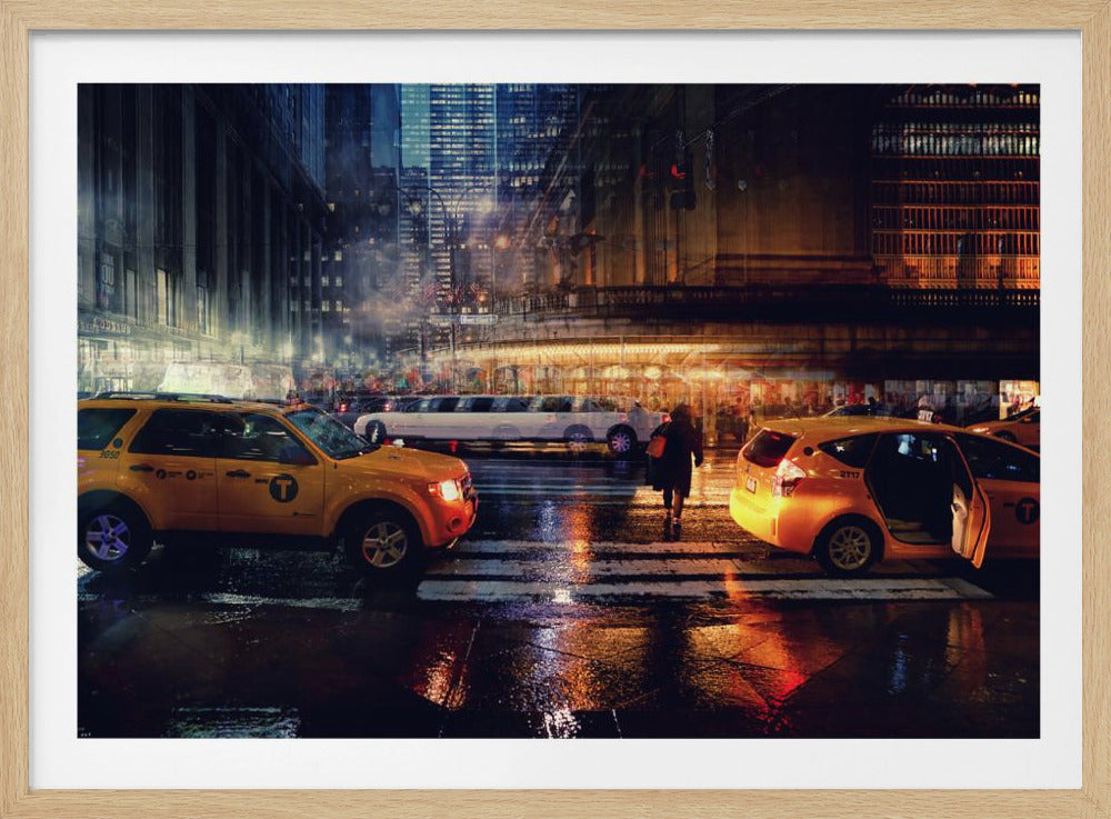 A cinematic night photograph of a busy, wet city street, likely New York, with yellow taxis in the foreground and a white stretch limousine in the background. A pedestrian crosses the street as the city lights reflect off the wet pavement, with illuminated skyscrapers towering above. Decor