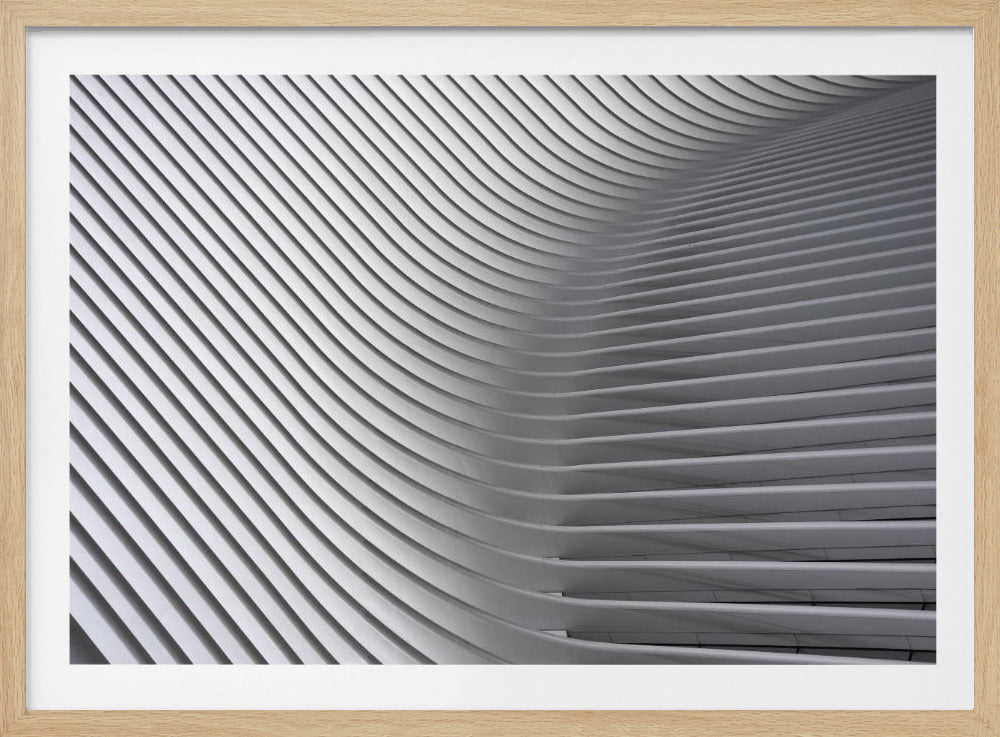 A framed, close-up, abstract photograph of a modern architectural structure. Parallel white ribs curve and undulate across the frame, creating a sense of movement and rhythm through the interplay of light and shadow. Artwork