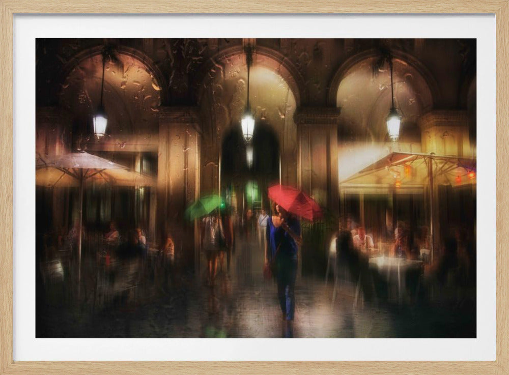 An impressionistic painting of a rainy city night seen through a wet windowpane. A woman holding a bright red umbrella walks down a colonnade past outdoor cafes, her reflection shimmering on the wet ground. The warm glow from lanterns and cafe lights creates a moody, romantic atmosphere. Artwork