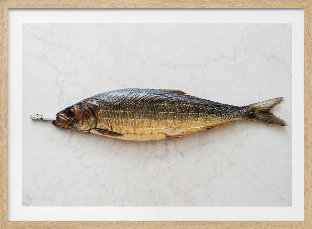 A surreal photograph of a whole smoked fish with a cigarette butt in its mouth, laying horizontally on a white marble surface, all within a silver frame. Wall Art