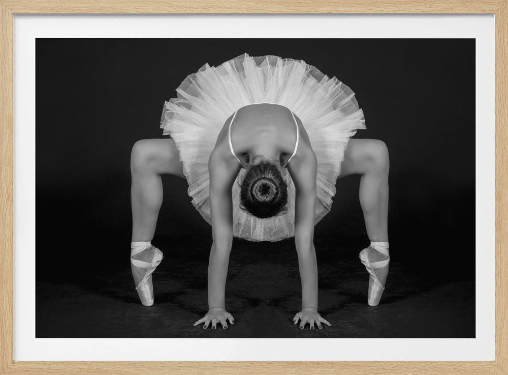 A dramatic black and white photograph of a ballerina in a white tutu and pointe shoes, captured in a moment of extreme flexibility. She is performing a deep backbend, with her hands flat on the floor and feet en pointe, her tutu fanning out around her like a flower. The image is set against a stark black background and presented within a silver frame. Wall Art