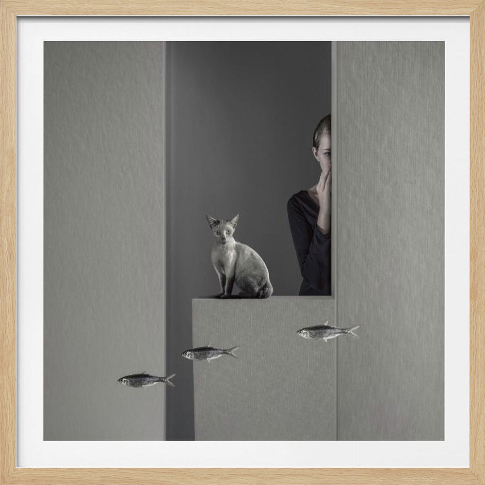 A framed, surreal monochrome photograph featuring a grey cat sitting on a ledge, with a woman partially hidden behind a wall peeking out. Three small fish appear to be floating in a line in the lower part of the image. Poster