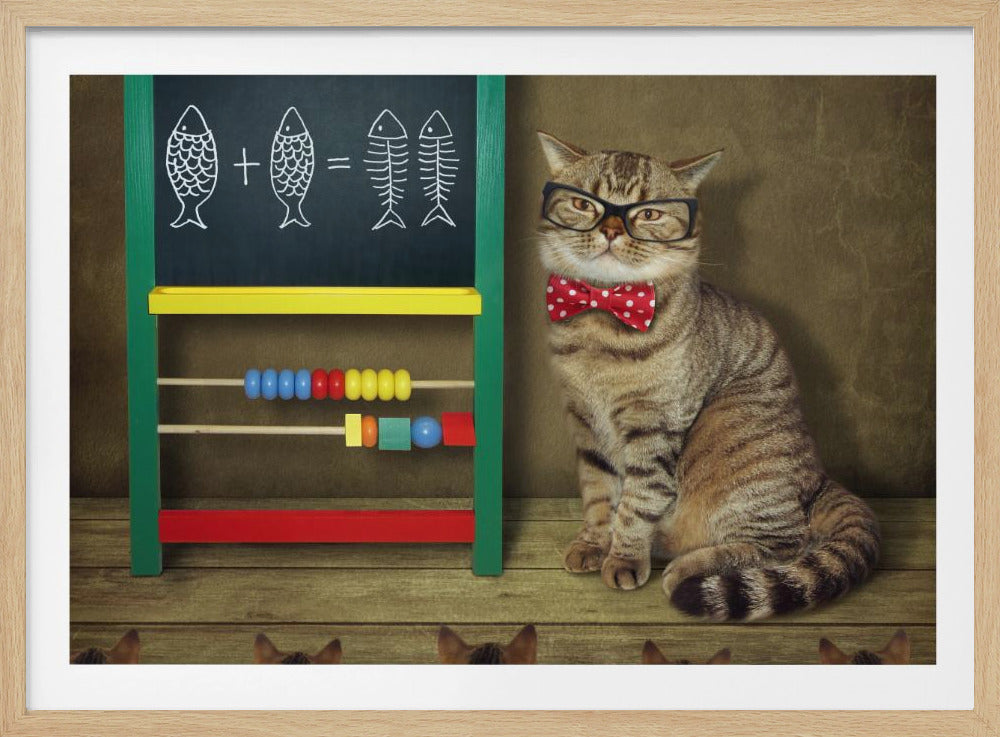 A scholarly brown tabby cat wearing glasses and a red polka dot bow tie sits next to a small chalkboard with a math problem illustrated by fish and fish skeletons. The cat appears to be a teacher in a classroom setting, complete with a colorful abacus. Print