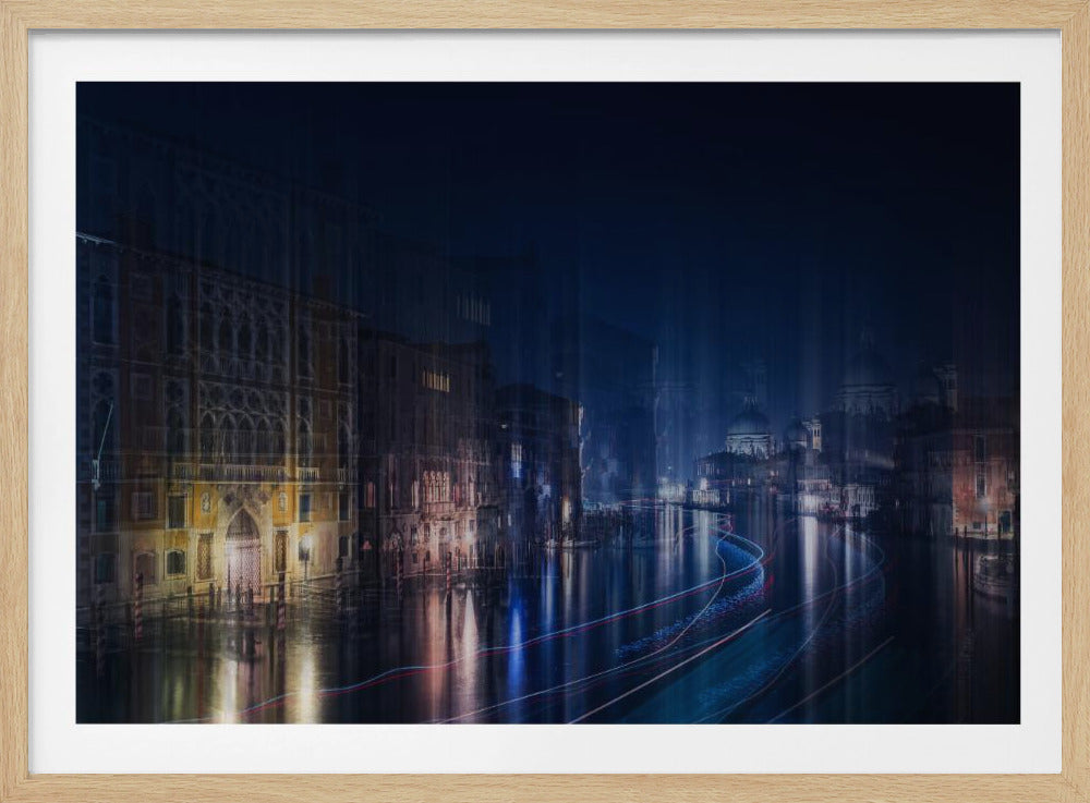 An art print depicting a romantic night scene in Venice, Italy, with canals, historic architecture, and warm lights reflecting on the water. Print