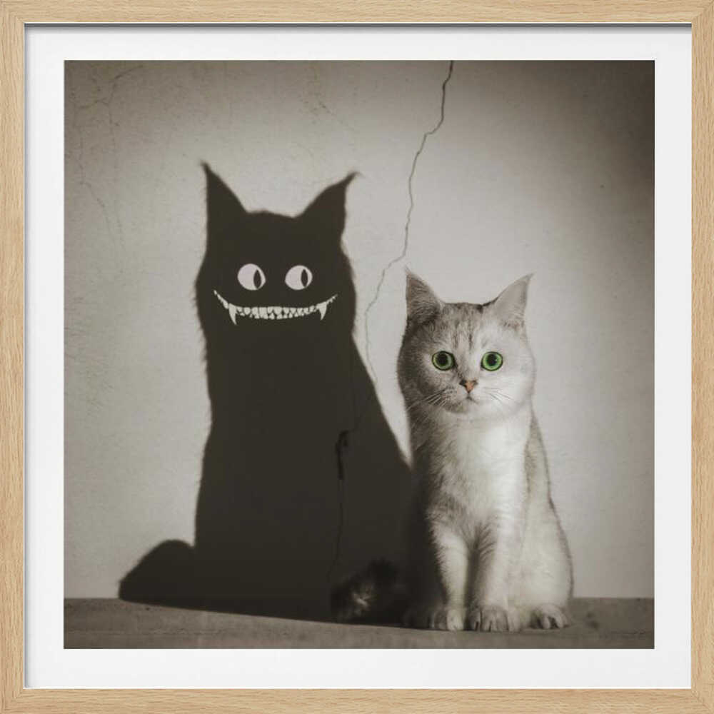 A photographic artwork of a cute, silver-grey cat with vibrant green eyes sitting beside its shadow, which is distorted into a monstrous black creature with large white eyes and a sharp, toothy grin against a cracked wall. Decor