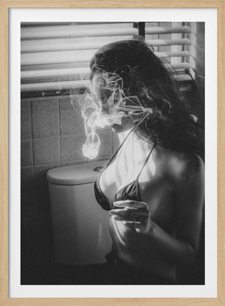 A black and white photograph of a woman in a bikini top smoking a cigarette in a bathroom. Light from a window with blinds creates dramatic shadows as a thick cloud of smoke obscures her face. Poster