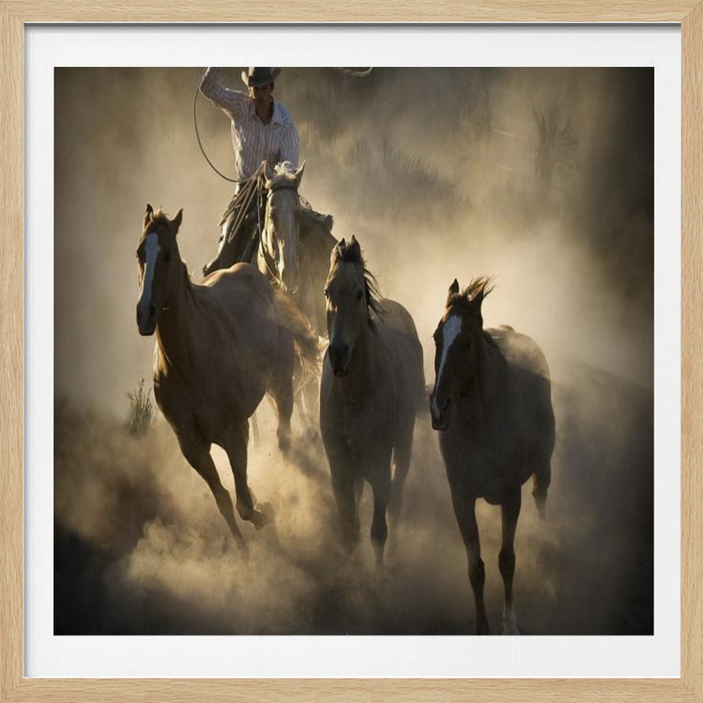 A dramatic, backlit photograph of a cowboy on horseback herding a small group of horses, kicking up a large cloud of dust as they gallop through a rustic landscape at sunrise or sunset. Poster