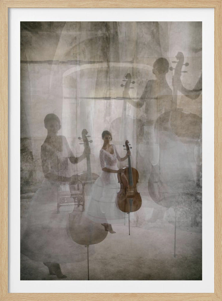 A dreamlike, multi-exposure photograph featuring a woman in a long white dress holding a cello. The same figure is repeated in translucent layers against a muted, textured beige and grey background, creating a ghostly, ethereal atmosphere. Poster