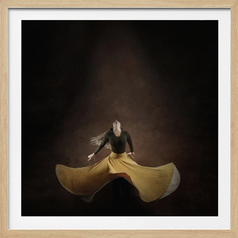 A framed photograph of a woman dancing against a dark, moody brown background. She is captured mid-spin, with her long, vibrant yellow skirt fanning out around her. Her head is thrown back, and her long hair is in motion, conveying a sense of freedom and passion. Poster