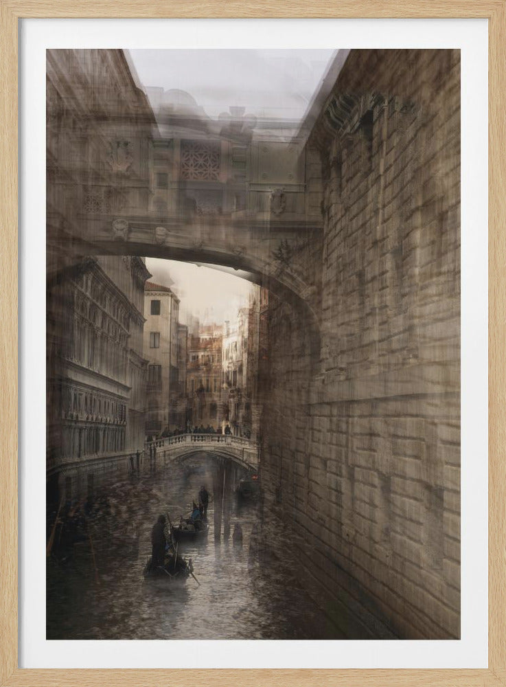 A framed artistic photograph of a Venetian canal with a motion blur effect, creating a dreamy and ethereal quality. The view is from under a large stone bridge, looking out towards another bridge with people on it and historic buildings lining the waterway. Gondolas are visible on the dark water, and the overall color palette is a muted sepia and gray. Poster