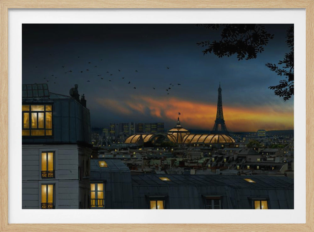 A romantic view of the Paris skyline at dusk, with the Eiffel Tower and the illuminated Grand Palais set against a dramatic orange and blue sunset, as seen over the classic Parisian rooftops with glowing windows. Wall Art