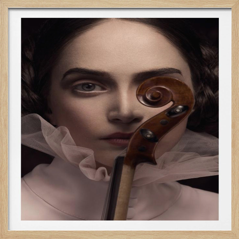 A classical, painterly-style close-up portrait of a woman with pale skin and dark braided hair. She wears a translucent ruffled collar and looks intensely at the viewer, holding the wooden scroll of a violin vertically, which partially obscures her face. The background is dark and moody, creating a dramatic chiaroscuro effect. Artwork