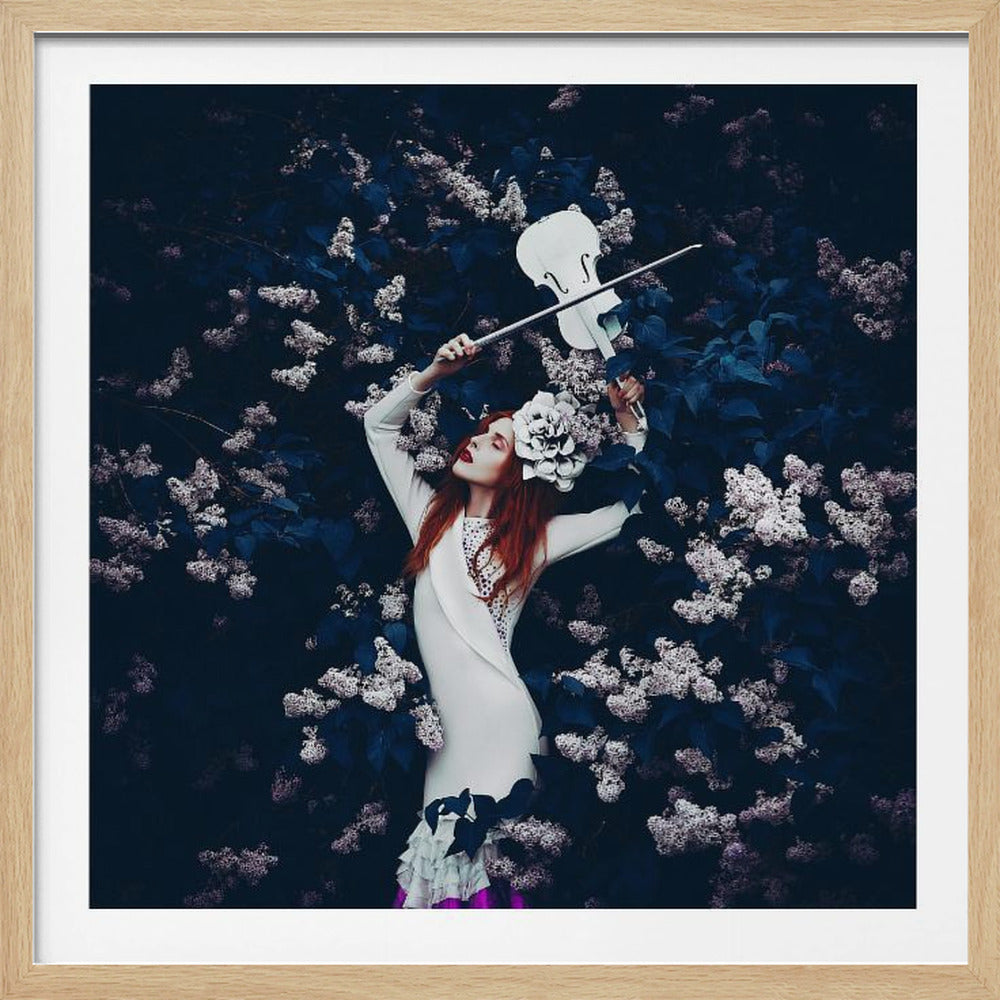 A framed artistic photograph of a woman with long red hair wearing a white dress and a large white flower in her hair. She stands in front of a dark bush with light-colored lilac flowers, holding a white violin and bow above her head in a dramatic pose. Print