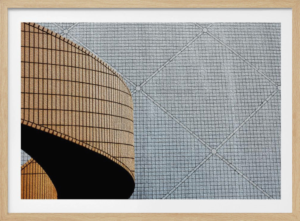 An abstract architectural image with a painterly texture, framed in gray. The composition features a curved wall of vertical brown tiles on the left, casting a sharp black shadow, juxtaposed with a flat surface of gray square tiles arranged in a grid with diagonal lines on the right. Artwork