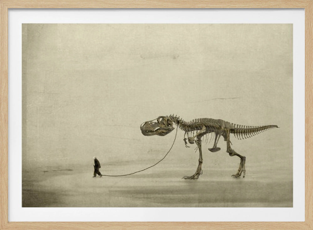 A surreal, sepia-toned artwork depicting a small man in a dark coat walking a massive Tyrannosaurus Rex skeleton on a leash against a minimalist, textured beige background, all within a silver frame. Wall Art