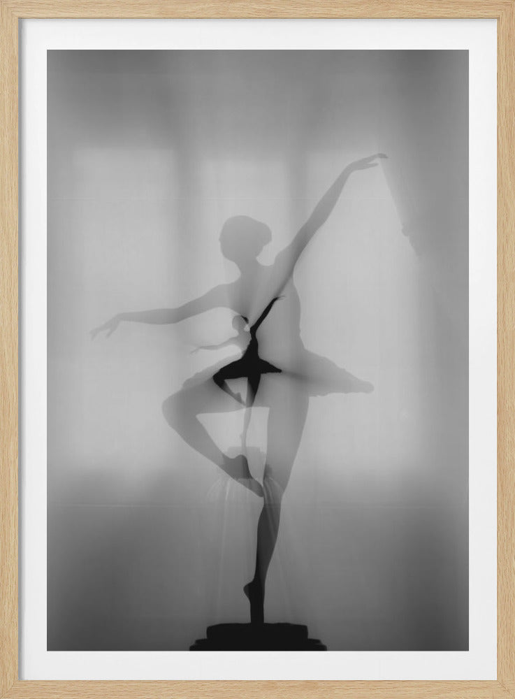 A black and white artistic photograph featuring a double exposure effect. A small, sharp, black silhouette of a ballerina figurine in a dance pose is centered, while a larger, soft, translucent silhouette of a ballerina looms behind it, creating a layered and ethereal composition against a hazy gray background. Decor