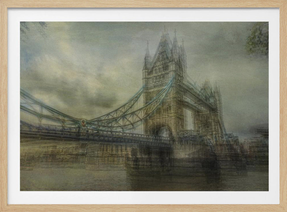An artistic, hazy depiction of London's Tower Bridge under a cloudy sky. The image has a textured, vintage feel with a muted color palette of greys and beiges, and is set within a simple silver frame. Print