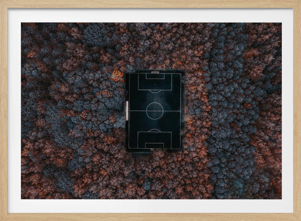 An aerial top-down photograph of a stark black soccer field with white markings, dramatically set in the middle of a dense, colorful forest with blue and rust-colored trees, all enclosed within a silver frame. Wall Art