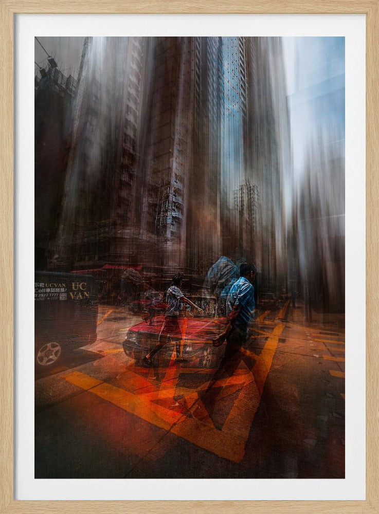 An abstract, vertically oriented photograph of a city street with a strong motion blur effect. Towering buildings are stretched vertically, creating a surreal, melting appearance. In the foreground, semi-transparent figures of people cross a street with bright orange markings, near a red car, suggesting a chaotic and energetic urban scene. Artwork