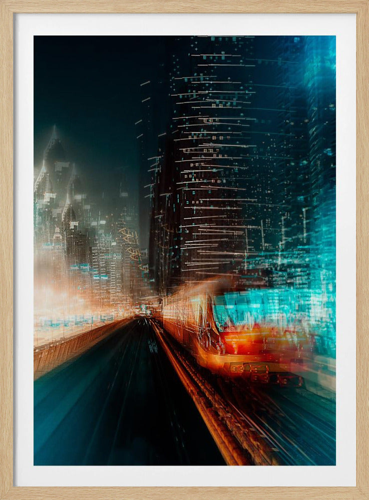 A dynamic, motion-blurred photograph of a train speeding through a futuristic city at night. The train is a blur of red and orange light on the right, while the city's skyscrapers are depicted as towering structures of distorted teal and dark blue light, creating a sense of speed and digital energy. Decor
