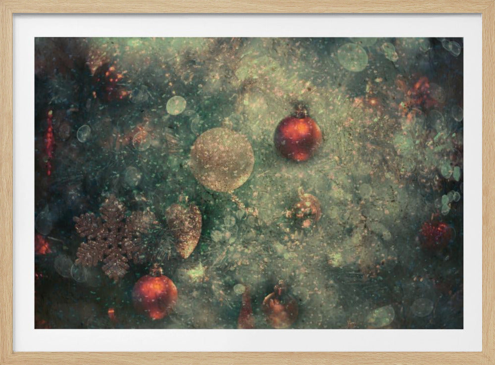A vintage-style, textured image of Christmas ornaments on a tree, including red and gold baubles and a snowflake. The artwork has a grunge, distressed feel with soft bokeh lights and is presented in a silver frame. Poster