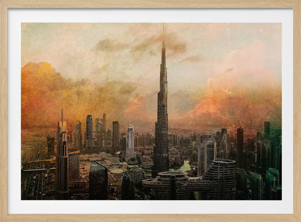 An artistic, textured depiction of the Dubai skyline, with the Burj Khalifa towering over the cityscape against a hazy, orange and yellow sky. Wall Art