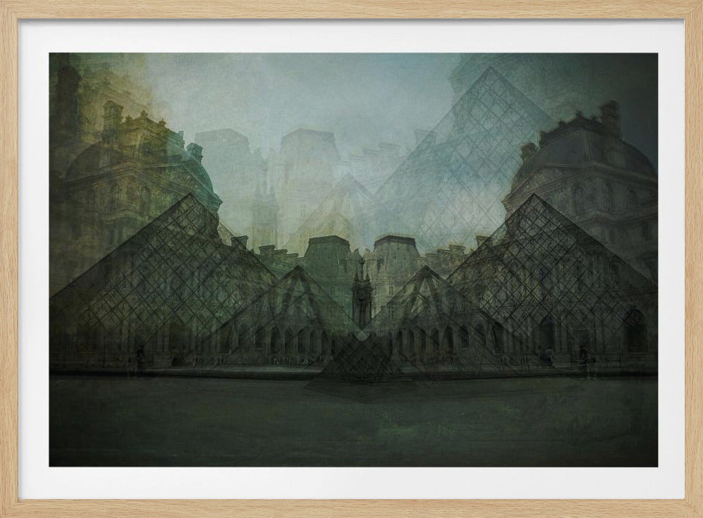A moody, abstract digital artwork of the Louvre Museum in Paris, featuring a kaleidoscopic, multi-exposure effect that layers the glass pyramids and classical architecture, rendered in dark, muted tones of green and gray within a silver frame. Artwork