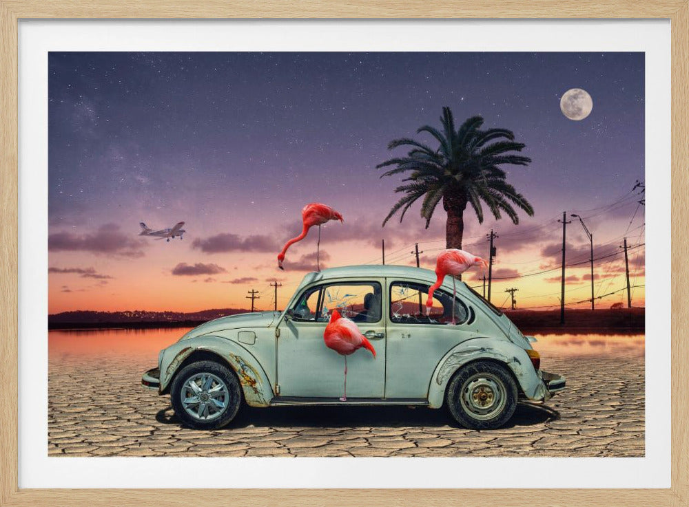 A surreal digital art piece featuring a vintage light blue Volkswagen Beetle abandoned on a cracked desert floor. Three vibrant pink flamingos are interacting with the car, which has shattered windows. The background shows a dramatic transition from an orange sunset over water to a deep purple, star-filled night sky with a large full moon and a distant airplane. Decor