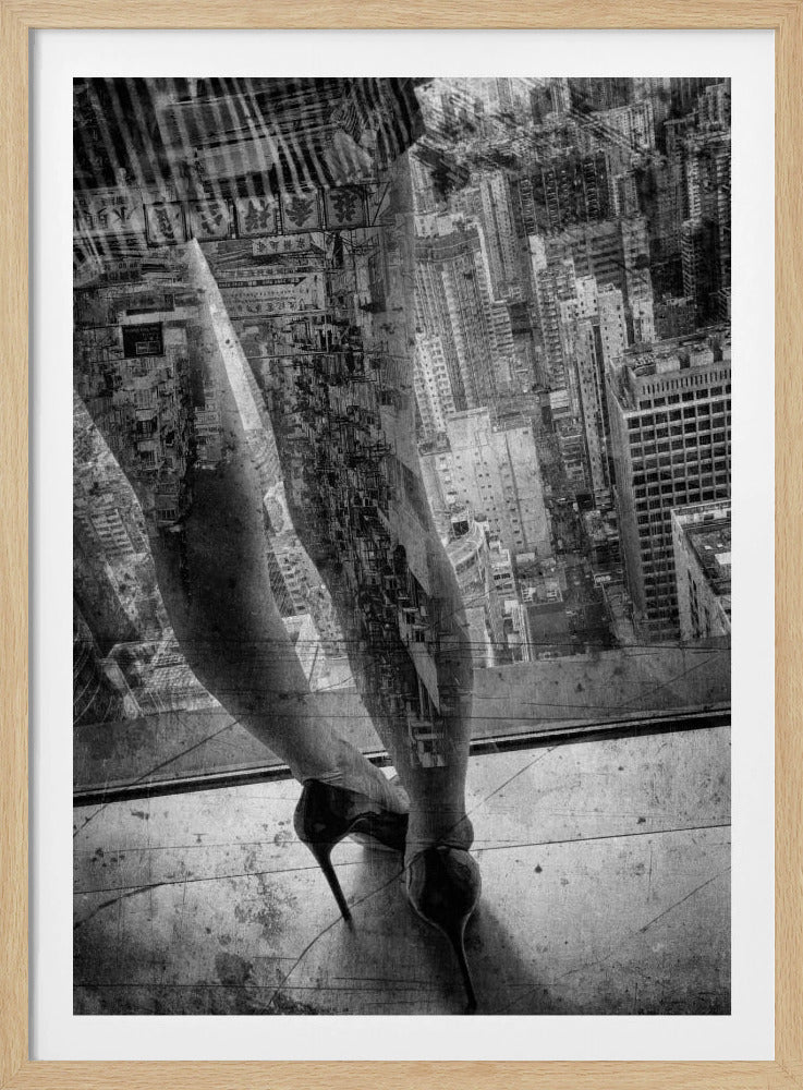A surreal black and white double exposure artwork combining the image of a woman's legs in high heels with a dense urban cityscape. The gritty, textured cityscape is superimposed onto her, creating a powerful, abstract visual where she seems both part of and overlooking the city. Print