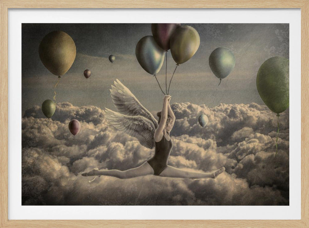 A surreal, vintage-style artwork of a female angel in a black leotard doing a full split while floating among clouds, holding onto a bunch of colorful balloons. The scene is sepia-toned, creating a dreamlike and nostalgic atmosphere. Poster