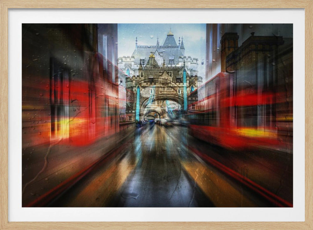 An abstract, motion-blurred digital art piece depicting a view of London's Tower Bridge down a wet street, framed by the red streaks of passing double-decker buses, creating a dynamic and rainy city atmosphere, all enclosed in a silver frame. Poster