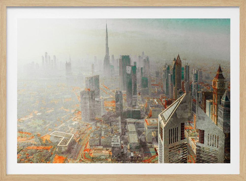 A framed piece of art showing a hazy, high-angle view of the Dubai skyline, with the Burj Khalifa towering in the background. The cityscape is rendered in muted tones of grey and teal, with striking orange accents on the ground, creating a surreal, artistic effect. Print