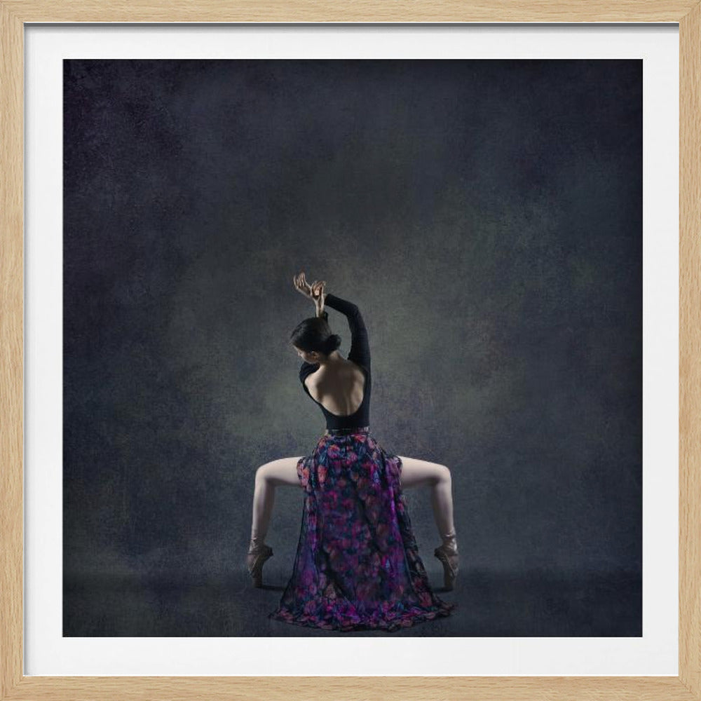 A framed studio photograph of a ballerina seen from behind, holding an elegant pose. She wears a black open-back leotard and a long, flowing floral skirt in shades of purple and pink while in a wide plié on pointe against a dark, moody grey background. Poster
