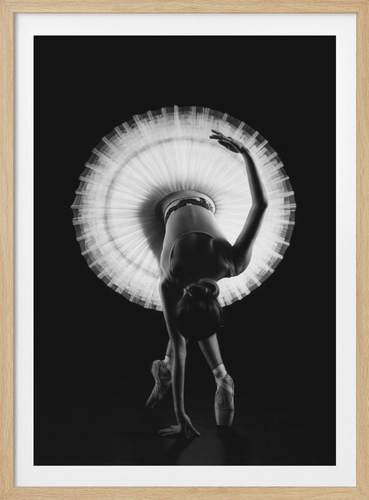 A dramatic black and white photograph of a ballerina seen from a high angle as she bends forward. Her white tutu is fully spread out behind her, creating an illuminated circle that contrasts sharply with the solid black background. Poster