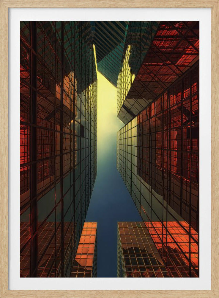 A dramatic low-angle shot looking up at the sky between towering glass skyscrapers, their reflective surfaces glowing with warm orange and gold tones against a gradient sky of yellow and deep blue. Decor