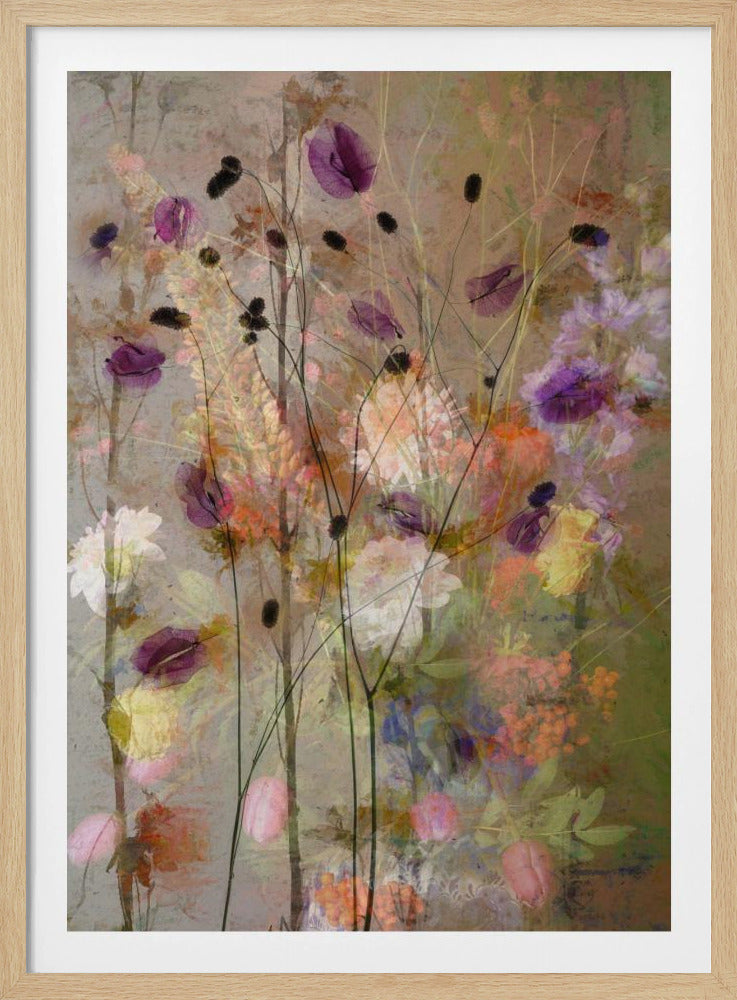 An abstract floral artwork featuring delicate, dark stems with translucent purple petals against a textured, earthy brown background. The composition is layered with soft, blended impressions of wildflowers in shades of pink, orange, yellow, and white, creating a dreamy and ethereal meadow scene. Artwork